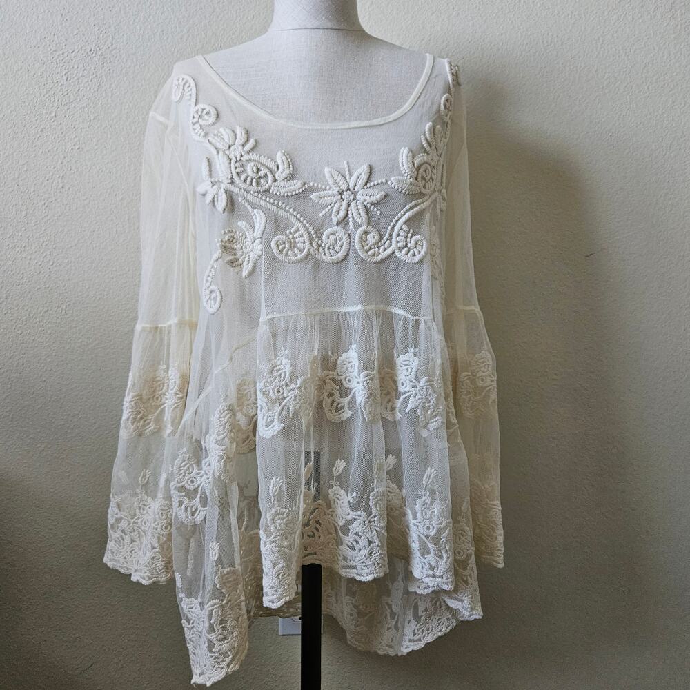 Heaven On Earth Lace Embroidered Ivory Boho Blouse by Sundance Medium - Picture 1 of 8